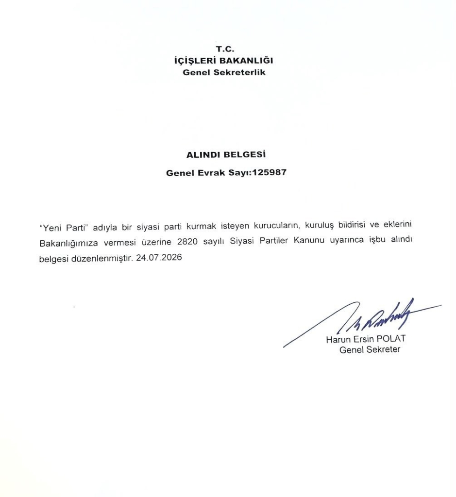 Özgür Özel, YENİ Parti’nin logosu ile İçişleri Bakanlığı tarafından verilen alındı belgesini paylaştı