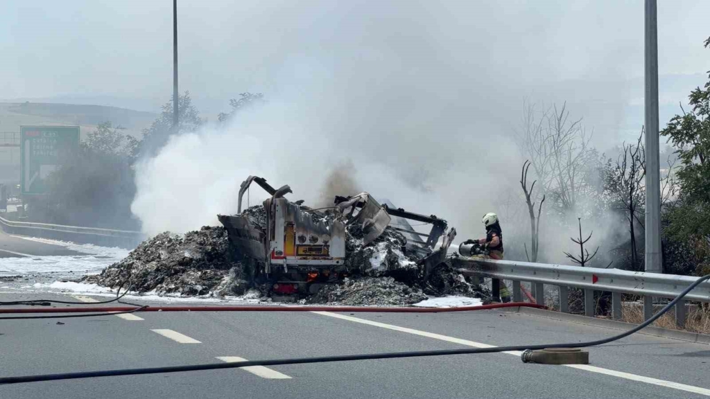 Kuzey Marmara Otoyolu’nda lastik yüklü tırda çıkan yangın tarım arazisine sıçradı