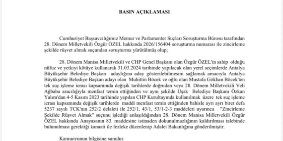 Özgür Özel’in dokunulmazlığının kaldırılması için hazırlanan fezleke Adalet Bakanlığına gönderildi
