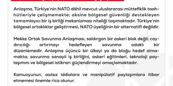 DMM: "Mekke Ortak Savunma Anlaşması’nın NATO’nun 5. maddesiyle çeliştiği iddiaları tamamen gerçek dışı"