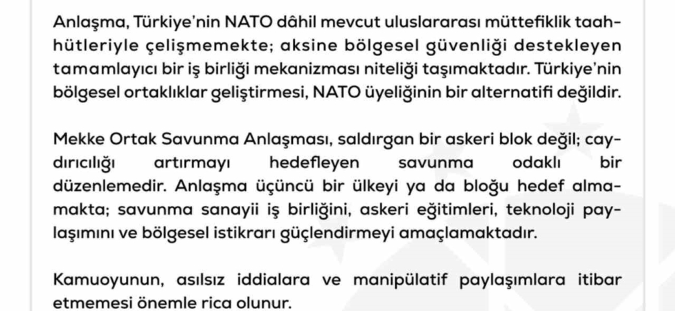 DMM: "Mekke Ortak Savunma Anlaşması’nın NATO’nun 5. maddesiyle çeliştiği iddiaları tamamen gerçek dışı"