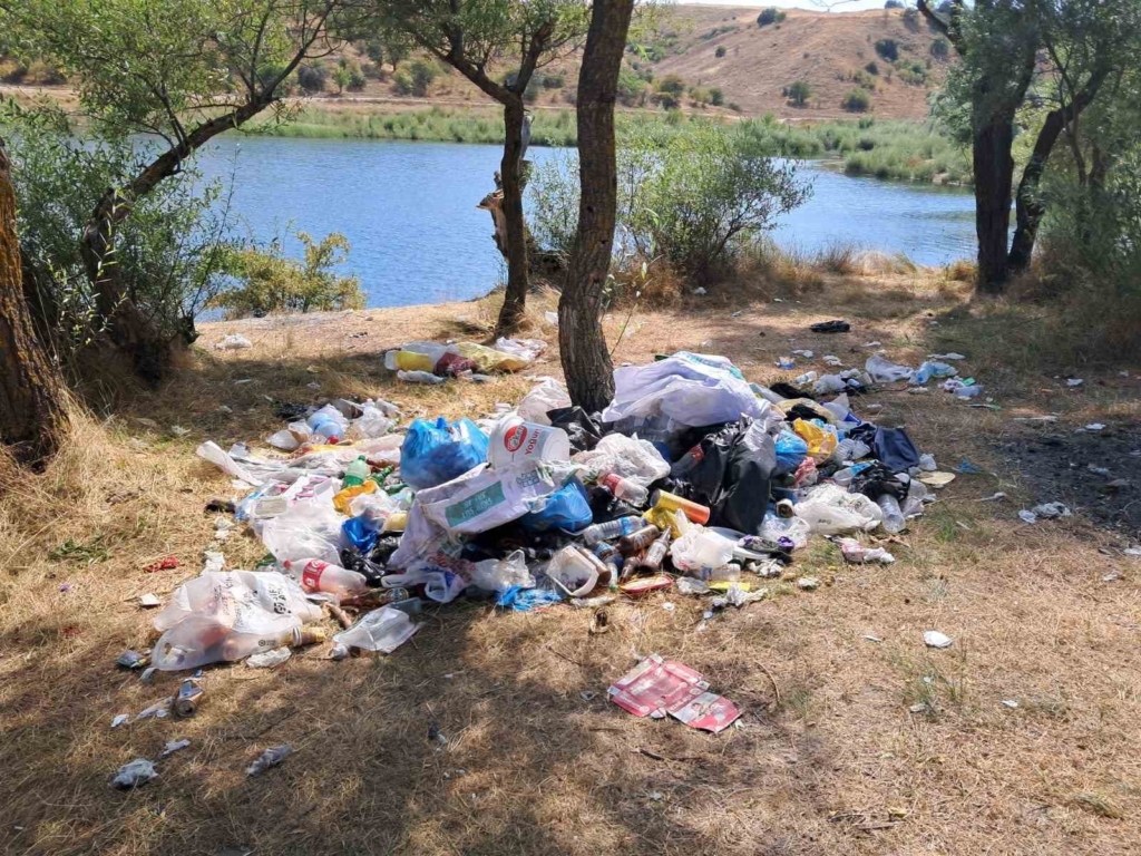 Balık tutmaya geldikleri gölette çöp topladılar