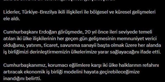 Cumhurbaşkanı Erdoğan, Brezilya Devlet Başkanı Silva ile telefonda görüştü