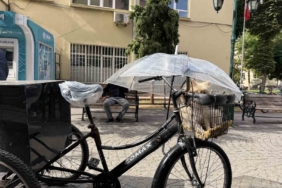 Bisiklet sepetindeki köpeğini yağmurdan şemsiye ile korudu