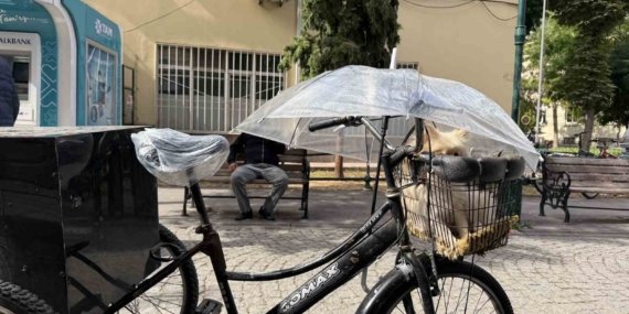 Eskişehir’de bisiklet sepetindeki köpeğine şemsiyeli koruma