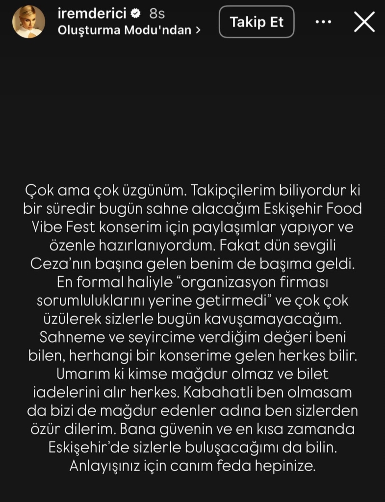 Ceza ve İrem Derici konserlerini iptal etti, esnafın şikâyetçi olduğu sorumlu karakola götürüldü