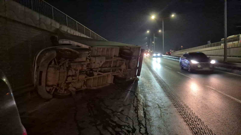 Kontrolden çıkan marul yüklü kamyonet yan yattı