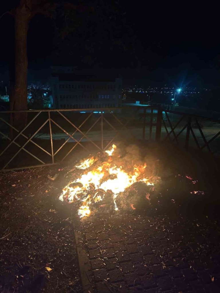 Gençler traktör lastiğini yakarak yangın çıkardı